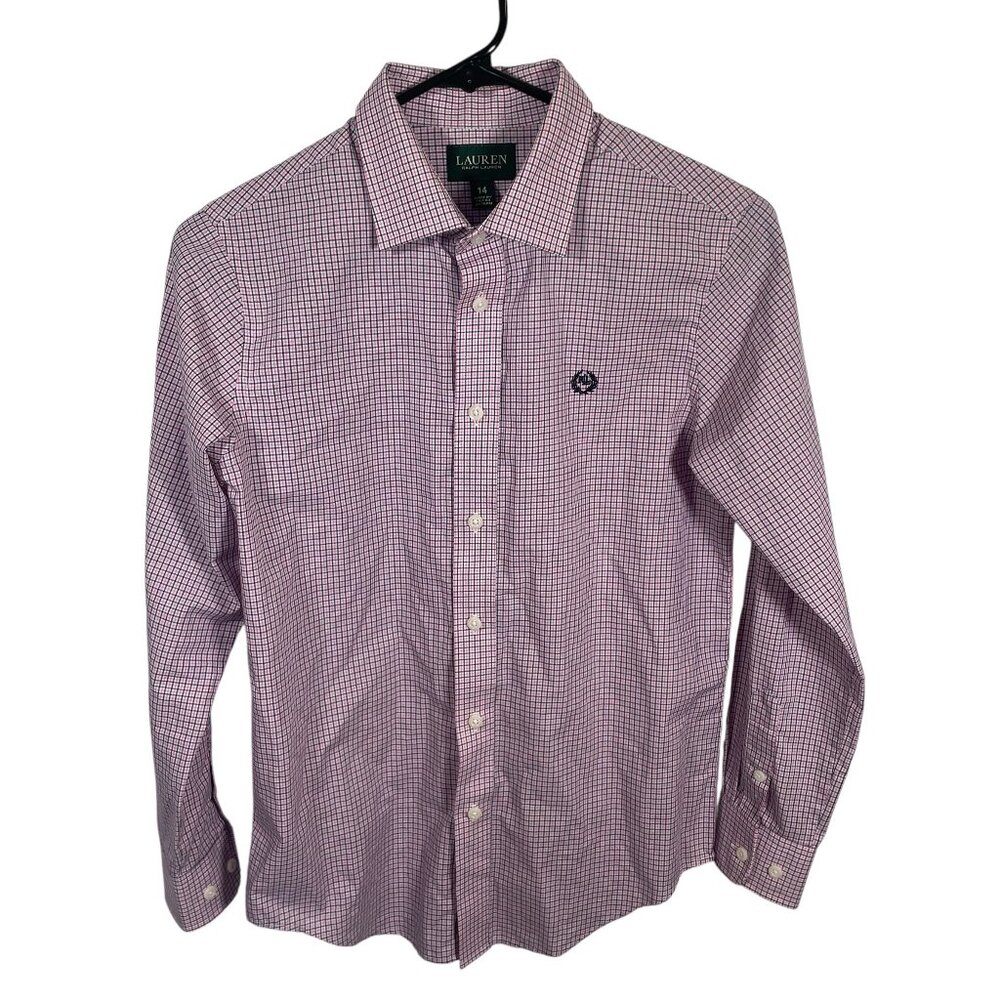 Lauren Ralph Lauren Button Down Shirt Boys Size 14 Pink Blue Collar L/S Dress